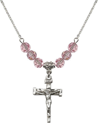 18" Rhodium Plated Necklace with 4mm Light Rose Crystal Beads featuring a Sterling Silver Nail Crucifix Medal.