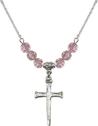18" Rhodium Plated Necklace with 4mm Light Rose Crystal Beads featuring a Sterling Silver Nail Cross Medal.