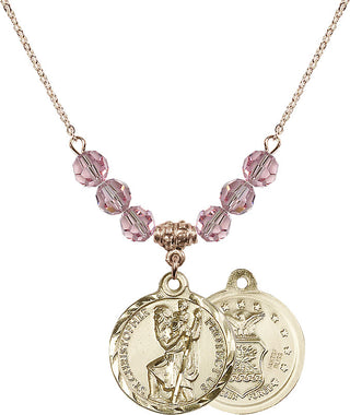 18" Hamilton Gold Plated Necklace with 4mm Light Rose Crystal Beads featuring a 14kt Gold Filled Saint Christopher / Air Force Medal.