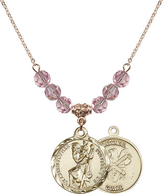 18" Hamilton Gold Plated Necklace with 4mm Light Rose Crystal Beads featuring a 14kt Gold Filled Saint Christopher / Nat'l Guard Medal.