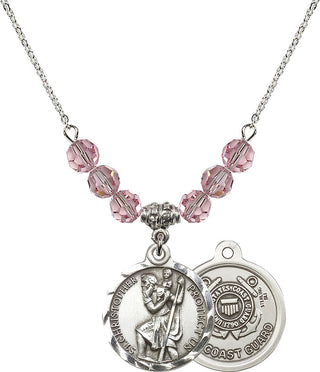 18" Rhodium Plated Necklace with 4mm Light Rose Crystal Beads featuring a Sterling Silver Saint Christopher / Coast Guard Medal.