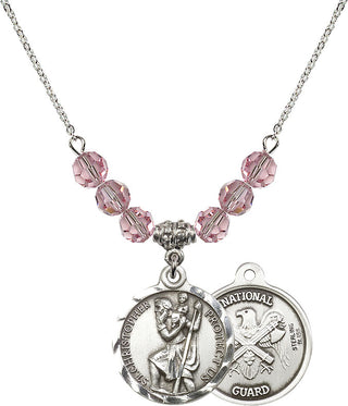 18" Rhodium Plated Necklace with 4mm Light Rose Crystal Beads featuring a Sterling Silver Saint Christopher / Nat'l Guard Medal.