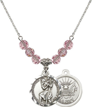 18" Rhodium Plated Necklace with 4mm Light Rose Crystal Beads featuring a Sterling Silver Saint Christopher / Navy Medal.
