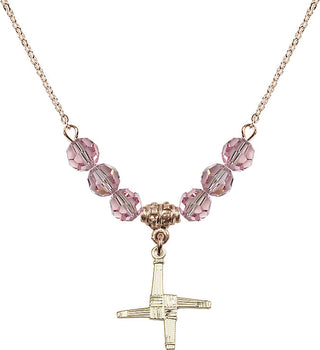 18" Hamilton Gold Plated Necklace with 4mm Light Rose Crystal Beads featuring a 14kt Gold Filled Saint Brigid Cross Medal.