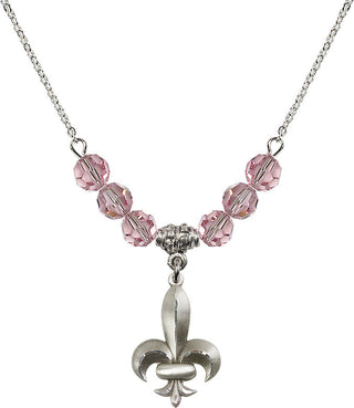 18" Rhodium Plated Necklace with 4mm Light Rose Crystal Beads featuring a Sterling Silver Fleur de Lis Medal.