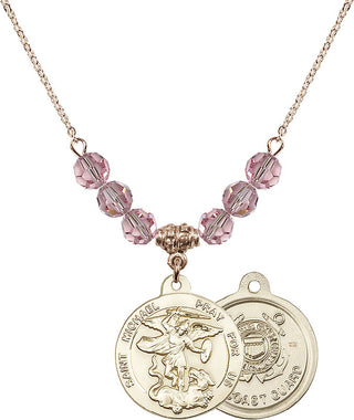 18" Hamilton Gold Plated Necklace with 4mm Light Rose Crystal Beads featuring a 14kt Gold Filled Saint Michael / Coast Guard Medal.