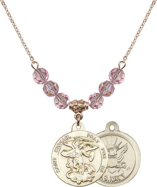 18" Hamilton Gold Plated Necklace with 4mm Light Rose Crystal Beads featuring a 14kt Gold Filled Saint Michael / Navy Medal.