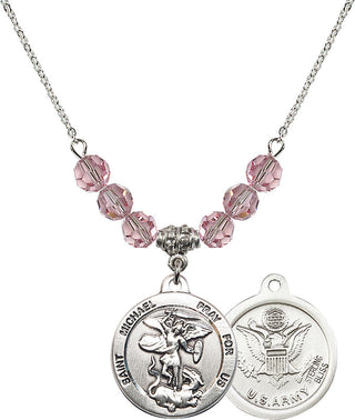 18" Rhodium Plated Necklace with 4mm Light Rose Crystal Beads featuring a Sterling Silver Saint Michael / Army Medal.