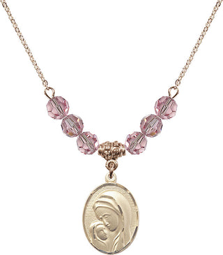 18" Hamilton Gold Plated Necklace with 4mm Light Rose Crystal Beads featuring a 14kt Gold Filled Madonna & Child Medal.