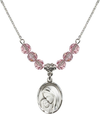18" Rhodium Plated Necklace with 4mm Light Rose Crystal Beads featuring a Sterling Silver Madonna & Child Medal.