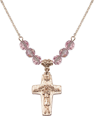18" Hamilton Gold Plated Necklace with 4mm Light Rose Crystal Beads featuring a 14kt Gold Filled Papal Crucifix Medal.