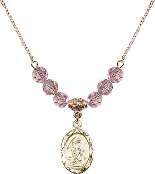 18" Hamilton Gold Plated Necklace with 4mm Light Rose Crystal Beads featuring a 14kt Gold Filled Guardian Angel Medal. Engraved Catholic Saint Jewelry