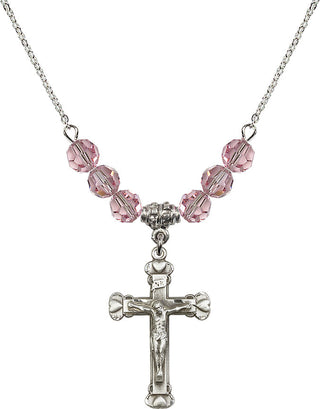 18" Rhodium Plated Necklace with 4mm Light Rose Crystal Beads featuring a Sterling Silver Crucifix Medal.