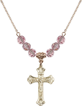 18" Hamilton Gold Plated Necklace with 4mm Light Rose Crystal Beads featuring a 14kt Gold Filled Crucifix Medal.