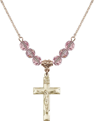 18" Hamilton Gold Plated Necklace with 4mm Light Rose Crystal Beads featuring a 14kt Gold Filled Crucifix Medal.