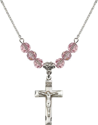 18" Rhodium Plated Necklace with 4mm Light Rose Crystal Beads featuring a Sterling Silver Crucifix Medal.