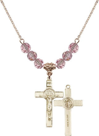 18" Hamilton Gold Plated Necklace with 4mm Light Rose Crystal Beads featuring a 14kt Gold Filled Saint Benedict Crucifix Medal.