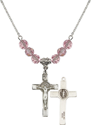 18" Rhodium Plated Necklace with 4mm Light Rose Crystal Beads featuring a Sterling Silver Saint Benedict Crucifix Medal.