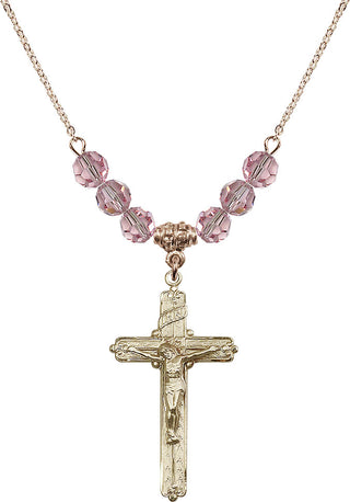 18" Hamilton Gold Plated Necklace with 4mm Light Rose Crystal Beads featuring a 14kt Gold Filled Crucifix Medal.