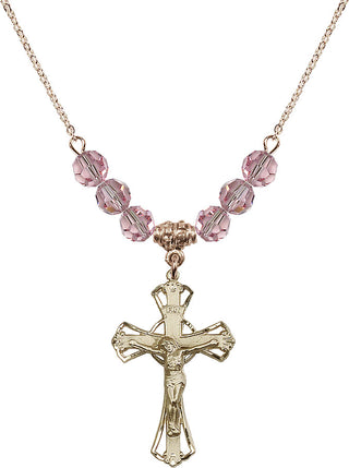18" Hamilton Gold Plated Necklace with 4mm Light Rose Crystal Beads featuring a 14kt Gold Filled Crucifix Medal.