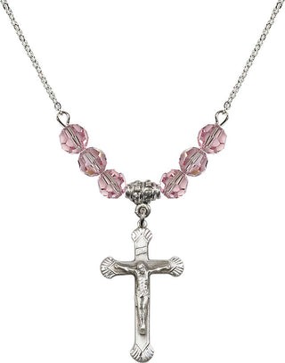 18" Rhodium Plated Necklace with 4mm Light Rose Crystal Beads featuring a Sterling Silver Crucifix Medal.