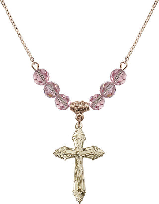 18" Hamilton Gold Plated Necklace with 4mm Light Rose Crystal Beads featuring a 14kt Gold Filled Crucifix Medal.