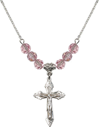 18" Rhodium Plated Necklace with 4mm Light Rose Crystal Beads featuring a Sterling Silver Crucifix Medal.
