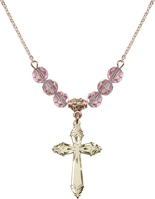 18" Hamilton Gold Plated Necklace with 4mm Light Rose Crystal Beads featuring a 14kt Gold Filled Cross Medal.