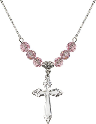 18" Rhodium Plated Necklace with 4mm Light Rose Crystal Beads featuring a Sterling Silver Cross Medal.