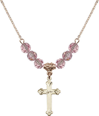 18" Hamilton Gold Plated Necklace with 4mm Light Rose Crystal Beads featuring a 14kt Gold Filled Cross Medal.