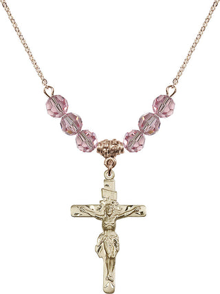 18" Hamilton Gold Plated Necklace with 4mm Light Rose Crystal Beads featuring a 14kt Gold Filled Crucifix Medal.