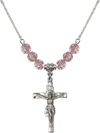 18" Rhodium Plated Necklace with 4mm Light Rose Crystal Beads featuring a Sterling Silver Crucifix Medal.