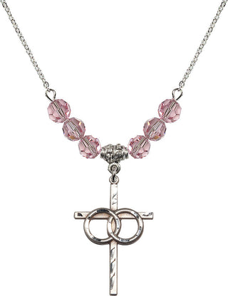 18" Rhodium Plated Necklace with 4mm Light Rose Crystal Beads featuring a Sterling Silver Wedding Rings Cross Medal.