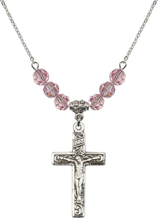 18" Rhodium Plated Necklace with 4mm Light Rose Crystal Beads featuring a Sterling Silver Crucifix Medal.