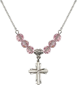 18" Rhodium Plated Necklace with 4mm Light Rose Crystal Beads featuring a Sterling Silver Cross Medal.