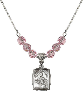 18" Rhodium Plated Necklace with 4mm Light Rose Crystal Beads featuring a Sterling Silver Saint Ann Medal. Engraved Catholic Saint Jewelry