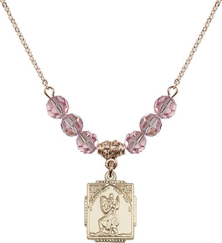 18" Hamilton Gold Plated Necklace with 4mm Light Rose Crystal Beads featuring a 14kt Gold Filled Saint Christopher Medal. Engraved Catholic Saint Jewelry