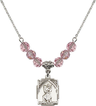 18" Rhodium Plated Necklace with 4mm Light Rose Crystal Beads featuring a Sterling Silver Saint Christopher Medal. Engraved Catholic Saint Jewelry