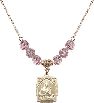 18" Hamilton Gold Plated Necklace with 4mm Light Rose Crystal Beads featuring a 14kt Gold Filled Saint Gerard Medal. Engraved Catholic Saint Jewelry