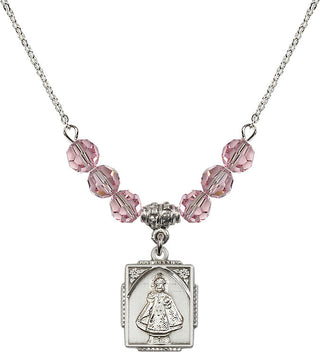 18" Rhodium Plated Necklace with 4mm Light Rose Crystal Beads featuring a Sterling Silver Infant of Prague Medal. Engraved Catholic Saint Jewelry