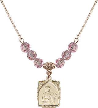 18" Hamilton Gold Plated Necklace with 4mm Light Rose Crystal Beads featuring a 14kt Gold Filled Saint Jude Medal. Engraved Catholic Saint Jewelry