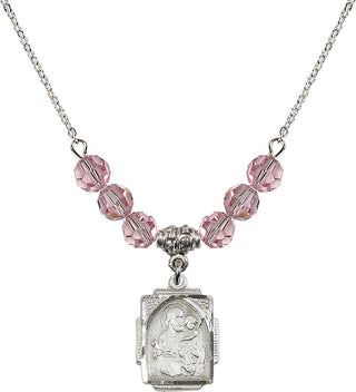18" Rhodium Plated Necklace with 4mm Light Rose Crystal Beads featuring a Sterling Silver Saint Joseph Medal. Engraved Catholic Saint Jewelry