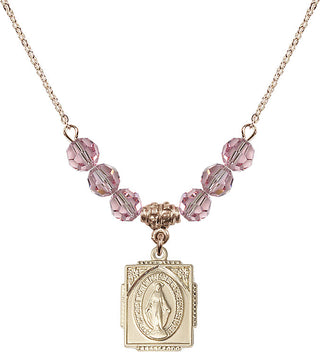 18" Hamilton Gold Plated Necklace with 4mm Light Rose Crystal Beads featuring a 14kt Gold Filled Miraculous Medal. Engraved Catholic Saint Jewelry