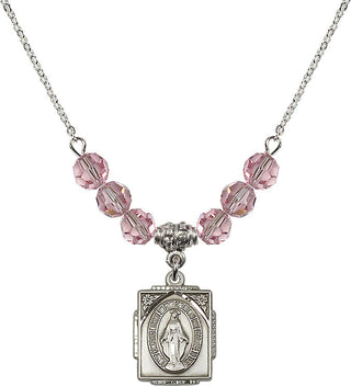 18" Rhodium Plated Necklace with 4mm Light Rose Crystal Beads featuring a Sterling Silver Miraculous Medal. Engraved Catholic Saint Jewelry