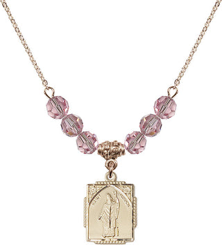 18" Hamilton Gold Plated Necklace with 4mm Light Rose Crystal Beads featuring a 14kt Gold Filled Saint Patrick Medal. Engraved Catholic Saint Jewelry