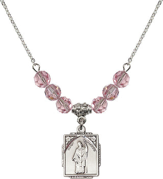 18" Rhodium Plated Necklace with 4mm Light Rose Crystal Beads featuring a Sterling Silver Saint Patrick Medal. Engraved Catholic Saint Jewelry