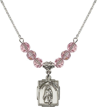 18" Rhodium Plated Necklace with 4mm Light Rose Crystal Beads featuring a Sterling Silver Saint Peregrine Medal. Engraved Catholic Saint Jewelry