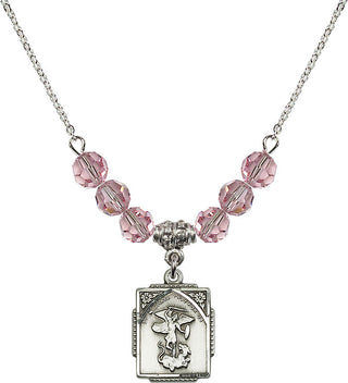 18" Rhodium Plated Necklace with 4mm Light Rose Crystal Beads featuring a Sterling Silver Saint Michael the Archangel Medal. Engraved Catholic Saint Jewelry