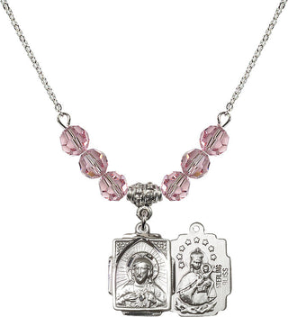 18" Rhodium Plated Necklace with 4mm Light Rose Crystal Beads featuring a Sterling Silver Scapular Medal.