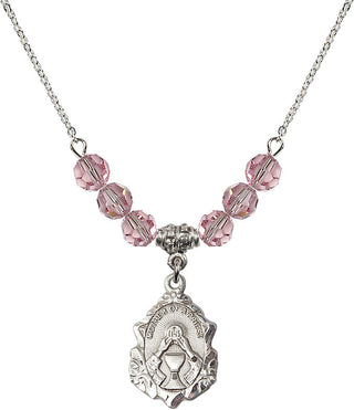 18" Rhodium Plated Necklace with 4mm Light Rose Crystal Beads featuring a Sterling Silver Mother of a Priest Medal. Engraved Catholic Saint Jewelry